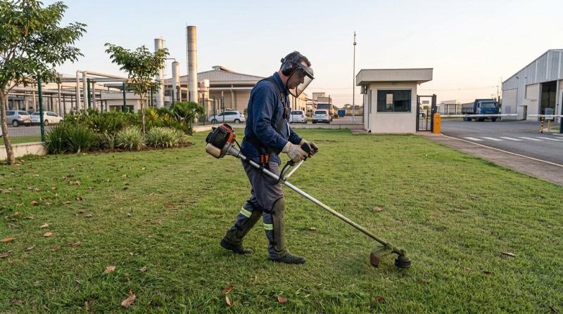 Jardineiro de viseira aparando a grama com roçadeira diante da portaria de uma fábrica