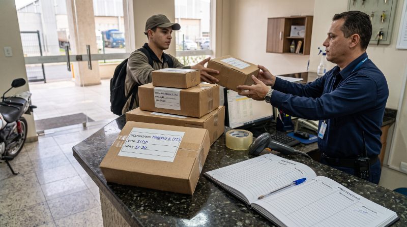 Porteiro registrando o recebimento de encomendas de um entregador
